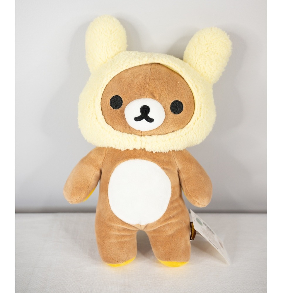 Rilakkuma Plush Toy 14" Brown New Yellow Fuzzy Bunny Hood San-X Collectible